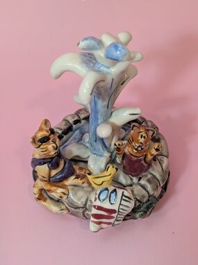 Blue Sky Ceramic Cat Fountain Figurine in Blue, Cream, Tan and Brown